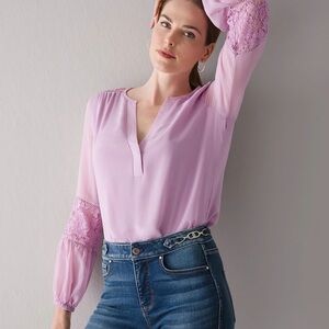 WHBM long sleeve v neck lace inset blouse